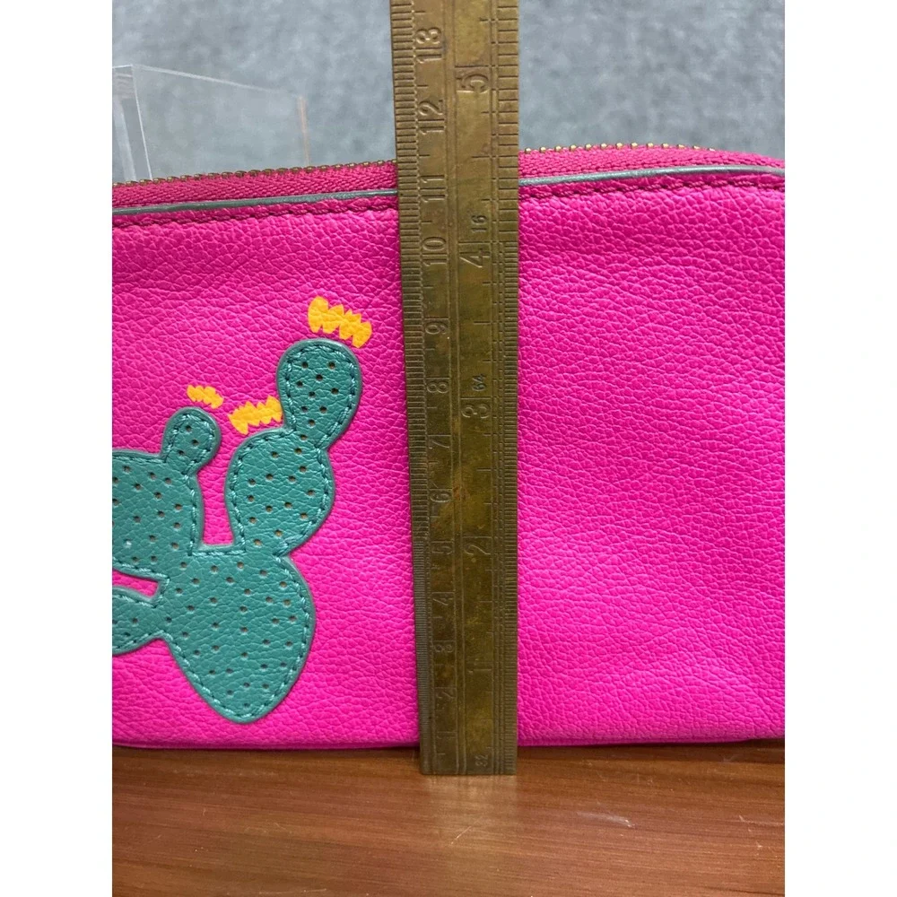 Fossil Pink Pebbled Leather Cactus Applique L-Zip Wristlet Pouch SWL1781